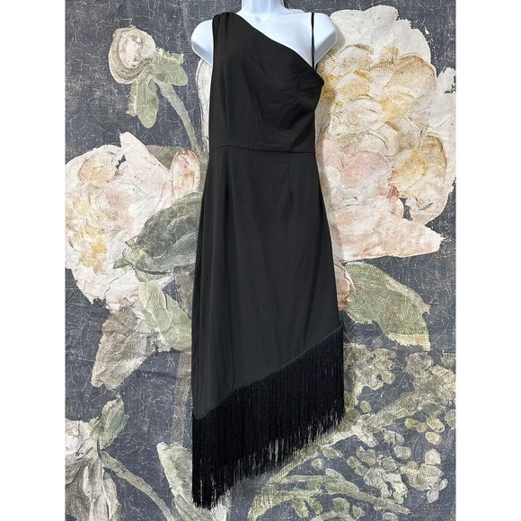 New Anthropologie HutchNWT Fringed Fringe One-Shoulder Midi Dress Black Size S - Picture 5 of 7